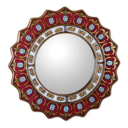 NOVICA MI0006 Red Reverse Painted Glass Wood Framed Decorative Star Wall Mirror From Peru 'Ruby Medallion' (large)