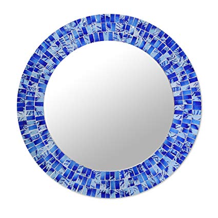 NOVICA Blue Glass Mosaic Wood Framed Round Decorative Wall Mounted Mirror, Tropical Fusion' (large)