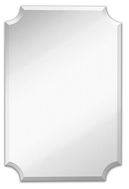 Large Beveled Scalloped Edge Rectangular Wall Mirror | 1 inch Bevel Curved Corners Rectangle Mirrored Glass Panel for Vanity, Bedroom, or Bathroom Hangs Horizontal & Vertical Frameless (24