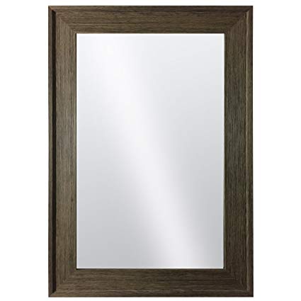 Hanging Framed Wall Mounted Mirror By Raphael Rozen: Classic, Elegant Rectangular, Distressed Wood Finish Brushed Olive Colored Frame Perfect For Bathrooms and Interior Living Spaces