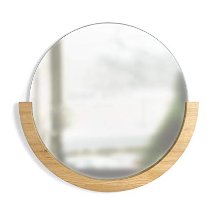 Umbra Mira Wall Mirror, Decorative Mirror for Entryway, Circular Mirror with Wood Frame on the Bottom Half, Natural Finish
