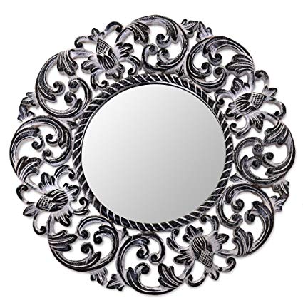 NOVICA Floral Wood Wall Mounted Mirror From Indonesia, Black And White 'Black Balsamina Buds'