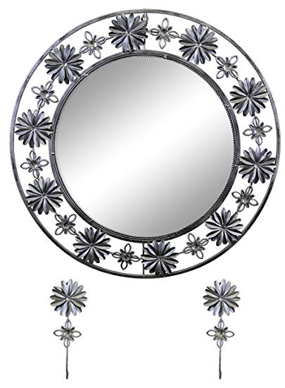 Elegant Bejeweled Silver Floral Round Wall Mirror with Matching Keychain Holders 24