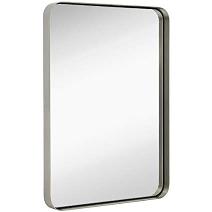 Hamilton Hills Contemporary Brushed Metal Wall Mirror | Glass Panel Silver Framed Rounded Corner Deep Set Design | Mirrored Rectangle Hangs Horizontal or Vertical (22
