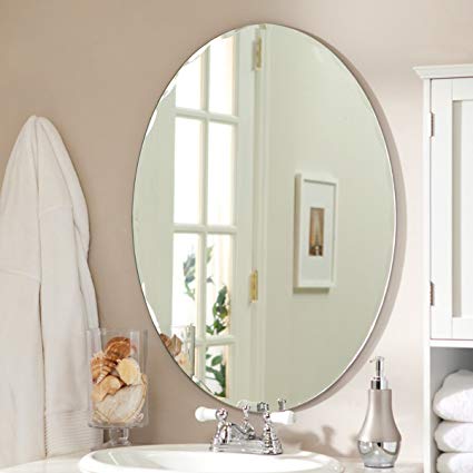 TroySys Frameless Oval Wall Mirror Glass with Hooks - Clear Annealed Tempered Thick Glass Beveled Polished Edge For Wall Mount, Home, Bathroom, Bedroom, Vanity & Office Use - 24