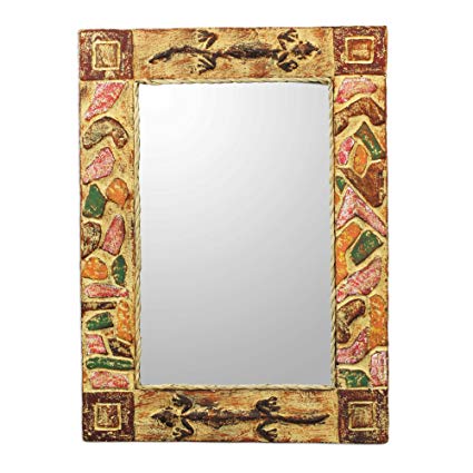 NOVICA Rustic Painted Wood Wall Mounted Rectangular Mirror, African Lizards'
