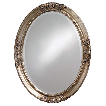 Howard Elliott Queen Anne Mirror, Hanging Beveled Oval Wall Mirror, Antique Silver Leaf