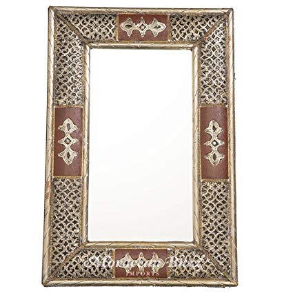 24 Inch Handmade Moroccan Metalwork And Leather Mirror