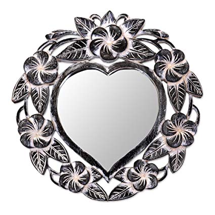 NOVICA Hand Carved Natural Suar Wood Heart Shaped Floral Wall Mirror From Indonesia 'Frangipani Heart'